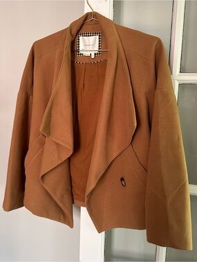 Anthropologie Brown Wool Blend Coat with Gingham Trim, Size Medium